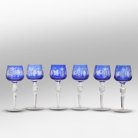 Set of 6 Blue Bohemian Cut to Crystal Glass Stemmed Wine Glasses 8.5 in. height x 2.75 in.