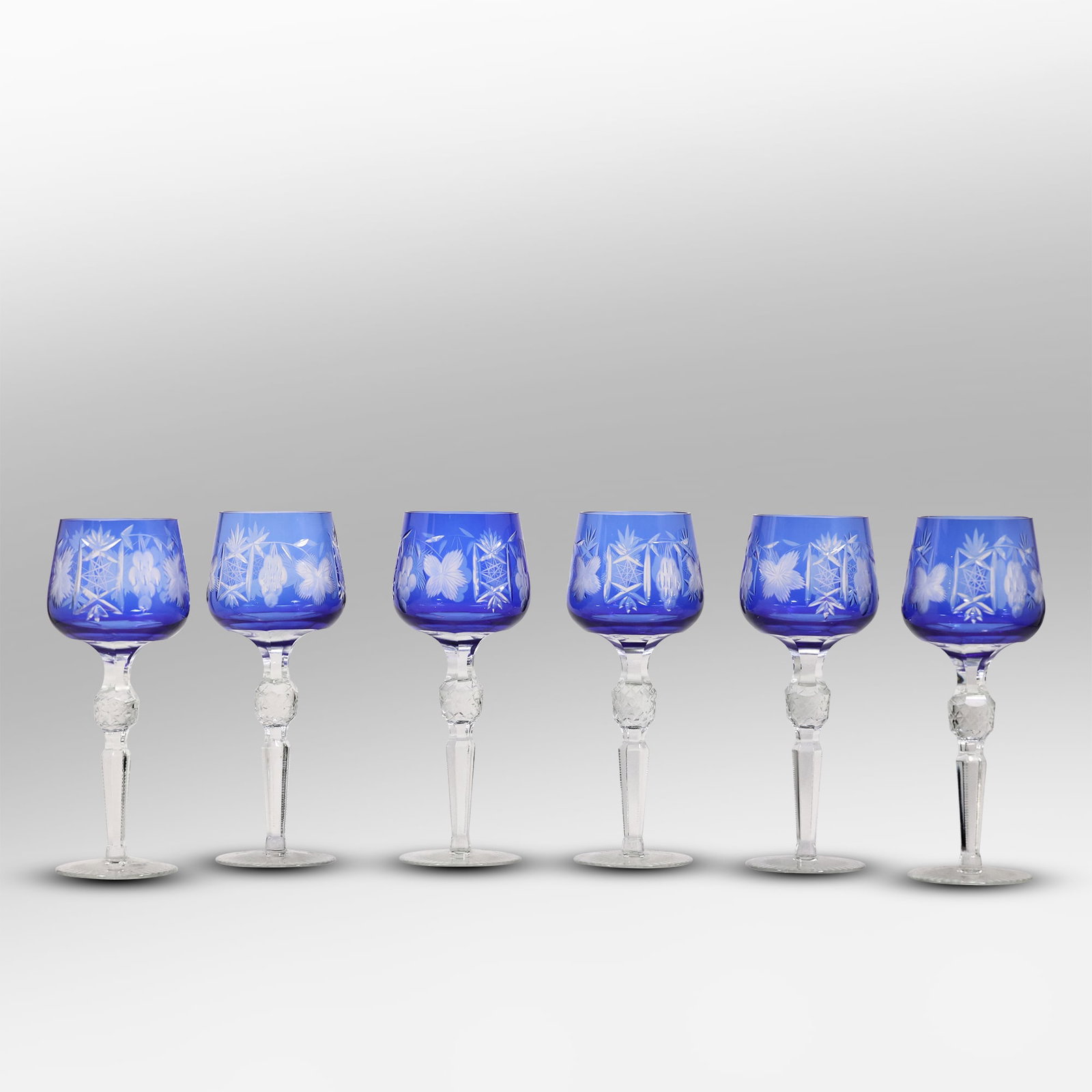 Set of 6 Blue Bohemian Cut to Crystal Glass Stemmed Wine Glasses 8.5 in. height x 2.75 in.: Set of 6 Blue Bohemian Cut to Crystal Glass Stemmed Wine Glasses 8.5 in. height x 2.75 in. size: 8.5h 2.75w S:C