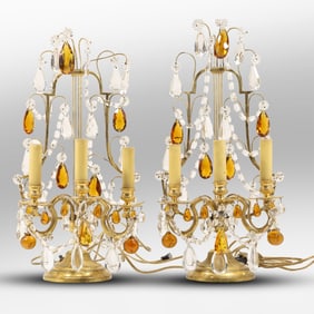 Pair Fabulous Hollywood Regency "Fountain" Table Lamps with Crystal and Amber Glass Prisms
