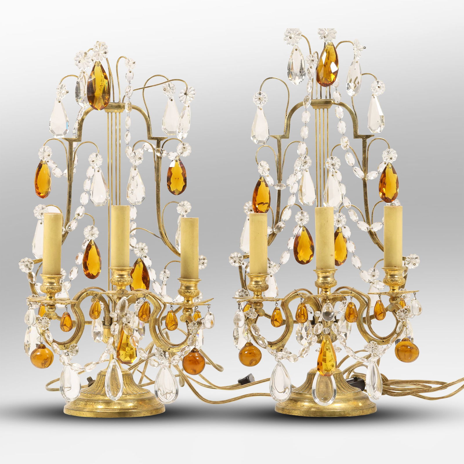 Pair Fabulous Hollywood Regency "Fountain" Table Lamps with Crystal and Amber Glass Prisms (1 of 20)