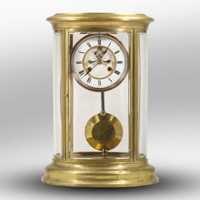 French oval brass four glass panels Crystal Regulator Train Station Mantel Clock. Open Escapement