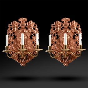 attributed to E F Caldwell, 19th C. Neo Classical Copper and Brass Large Wall Sconces 22 in, x 15 in