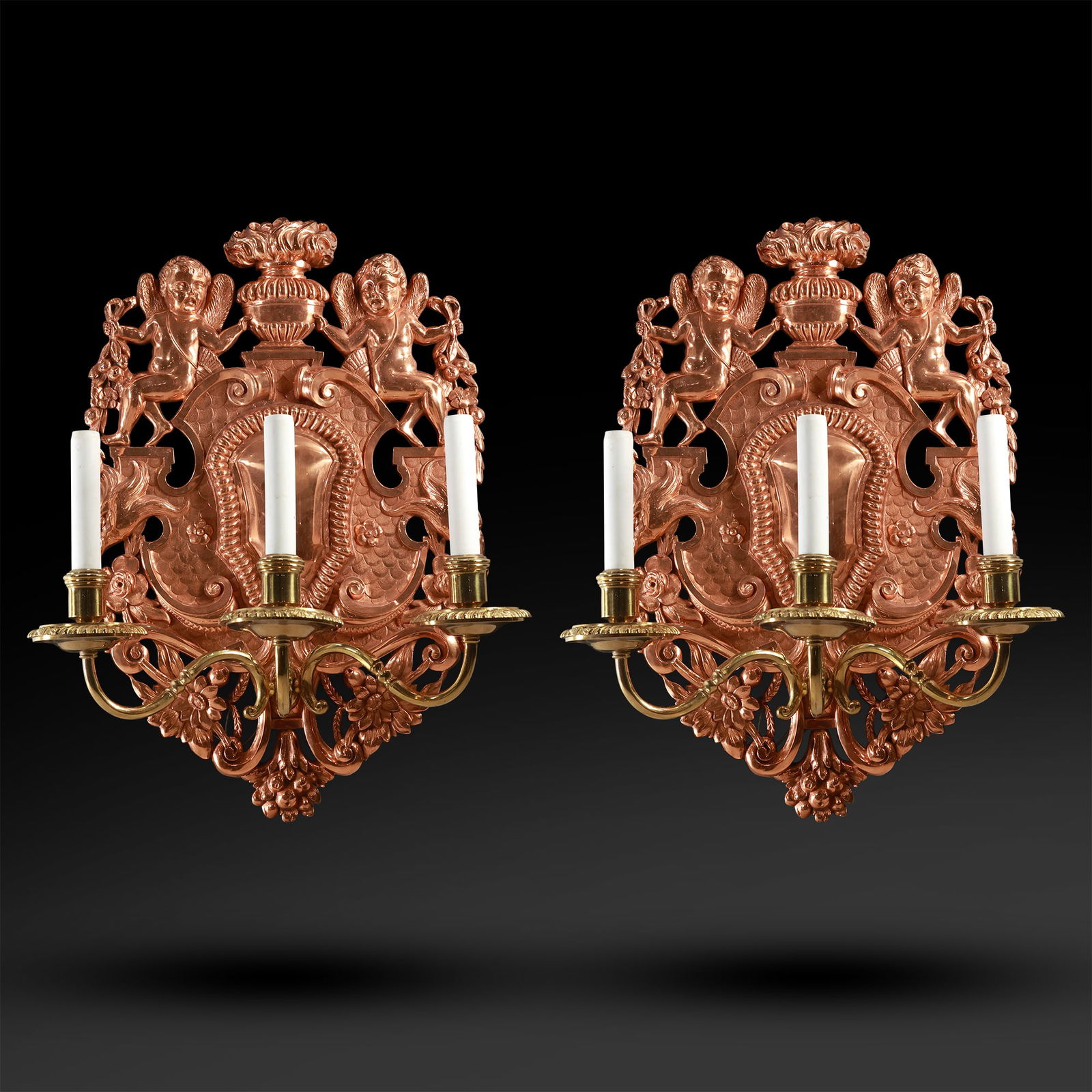 attributed to E F Caldwell, 19th C. Neo Classical Copper and Brass Large Wall Sconces 22 in, x 15 in (1 of 20)