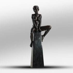 Art Nouveau Bronze Sculpture Nude Sitting on Tall Pedestal 33 in. height x 11 in. wide, Good Patina