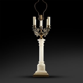 Circa 1850 White Onyx and Bronze French Empire Column Candelabrum Electrified Table Lamp. 40 inches