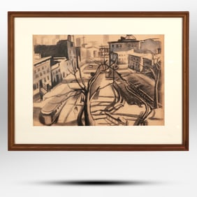 20thC.  Ashcan School; Charcoal Drawing - Sheridan Square