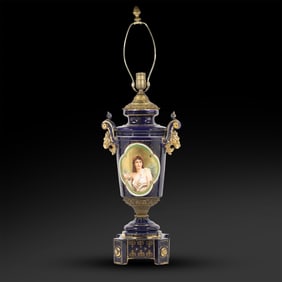 Royal Vienna Style Cobalt Blue Urn Table Lamp with Lion Head Sides and Oval Portrait Panel