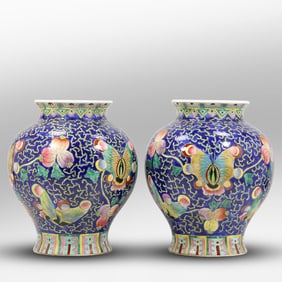 Pair Melon Shaped Large Chinese Porcelain Vases with Stylized Butterflies 12.5 in. height
