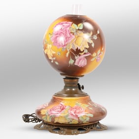 American Squat Base "Gone With The Wind" Lamp with Handpainted Floral Shade and Base