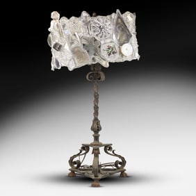 Very Unique Table Lamp Spanish Revival Wrought Iron Base with Folk Art Glass Studio Shade