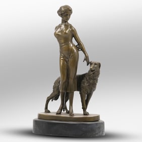Signed Lorenzl, Art Deco Bronze Sculpture Woman with a Dog, Borzoi or Greyhound. 14.5 in.  height