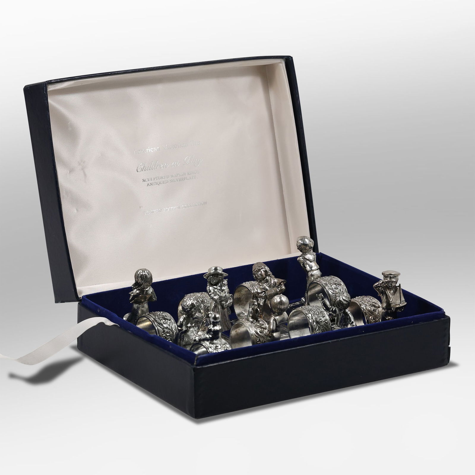 Set of American Victorian Era "Children at Play" Sculpture Figural Napkin Rings, in Box, Limited Ed. (1 of 20)