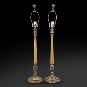 Pair Tall Hollywood Regency Table Lamps with Cubical Bone Squares Center Columns 33 in. height