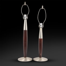 2 Tall Mid-Century Modern Design Streamlined Tall Table Lamps Wood and Brushed Steel