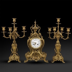 Three Piece Bronze Dore Clock Garniture Set, French Mantle Clock with Candelabras