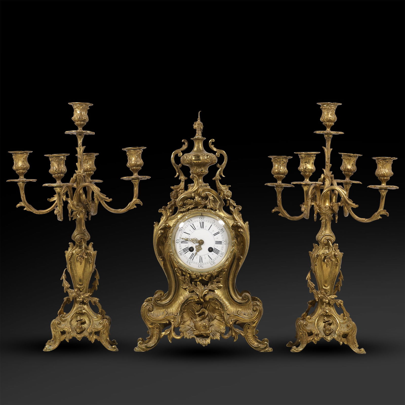 Three Piece Bronze Dore Clock Garniture Set, French Mantle Clock with Candelabras (1 of 20)