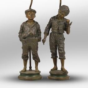 2 Antique Cast Metal Spelter Figural Statue Lamps Boy Street Urchin, Le Siffleur & La Toupie