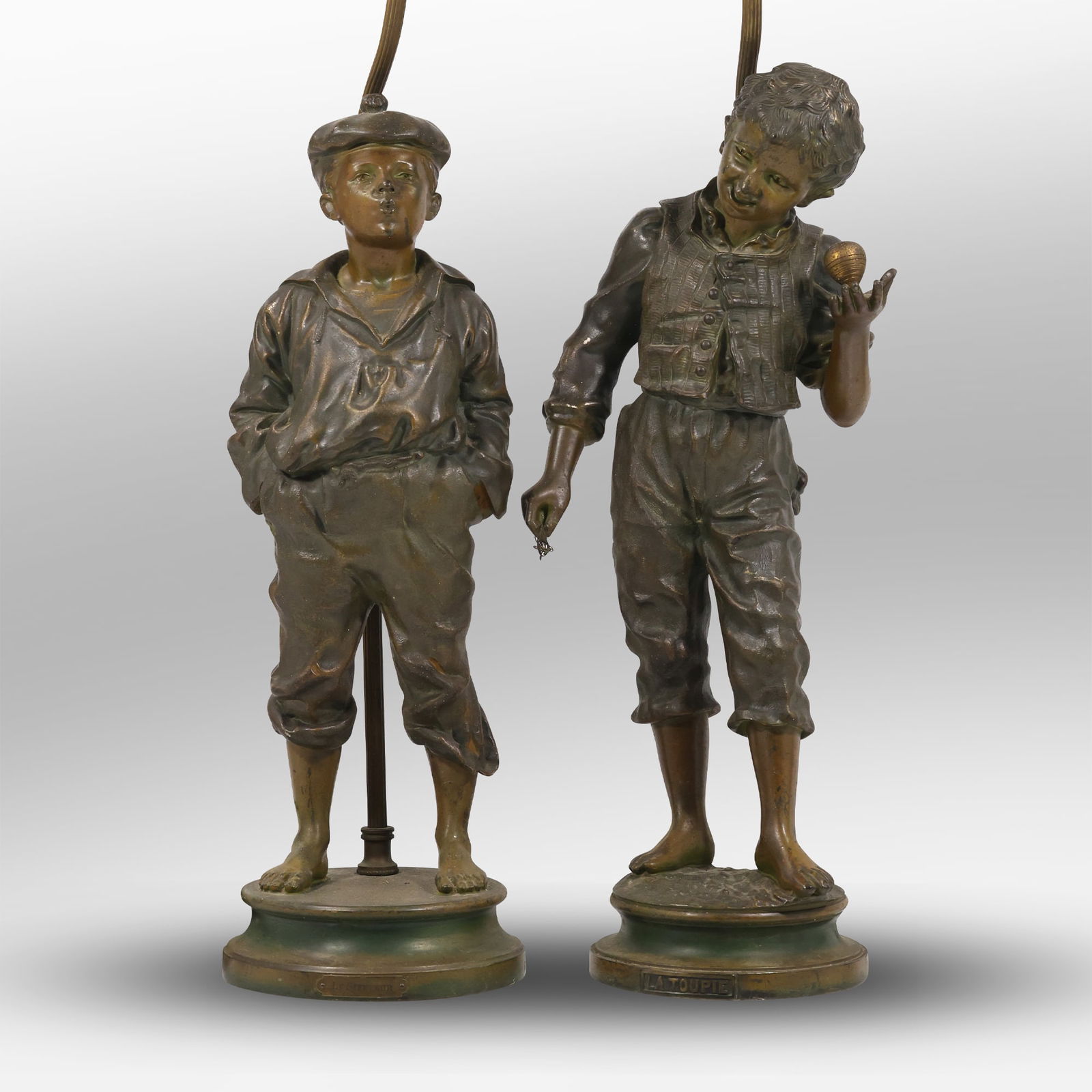 2 Antique Cast Metal Spelter Figural Statue Lamps Boy Street Urchin, Le Siffleur & La Toupie (1 of 20)