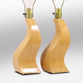 Pair Mid-Century Modern Birdseye Maple "Wave" Table Lamps 25 in. overall height