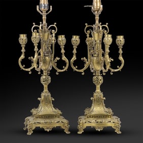 Pair 19th C. Bronze Candelabrum in Louis XIV Style, Electrified Table Lamps 21.5 in. height