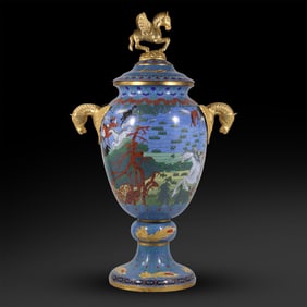 Chinese Cloisonné Enamel Horse Decorated Covered Urn with Horse Head Handles, Horse Finial Top
