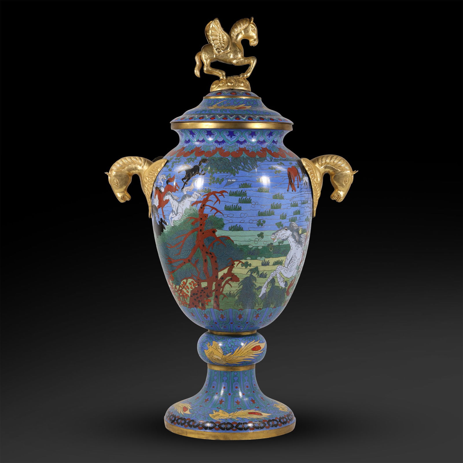 Chinese Cloisonné Enamel Horse Decorated Covered Urn with Horse Head Handles, Horse Finial Top (1 of 20)