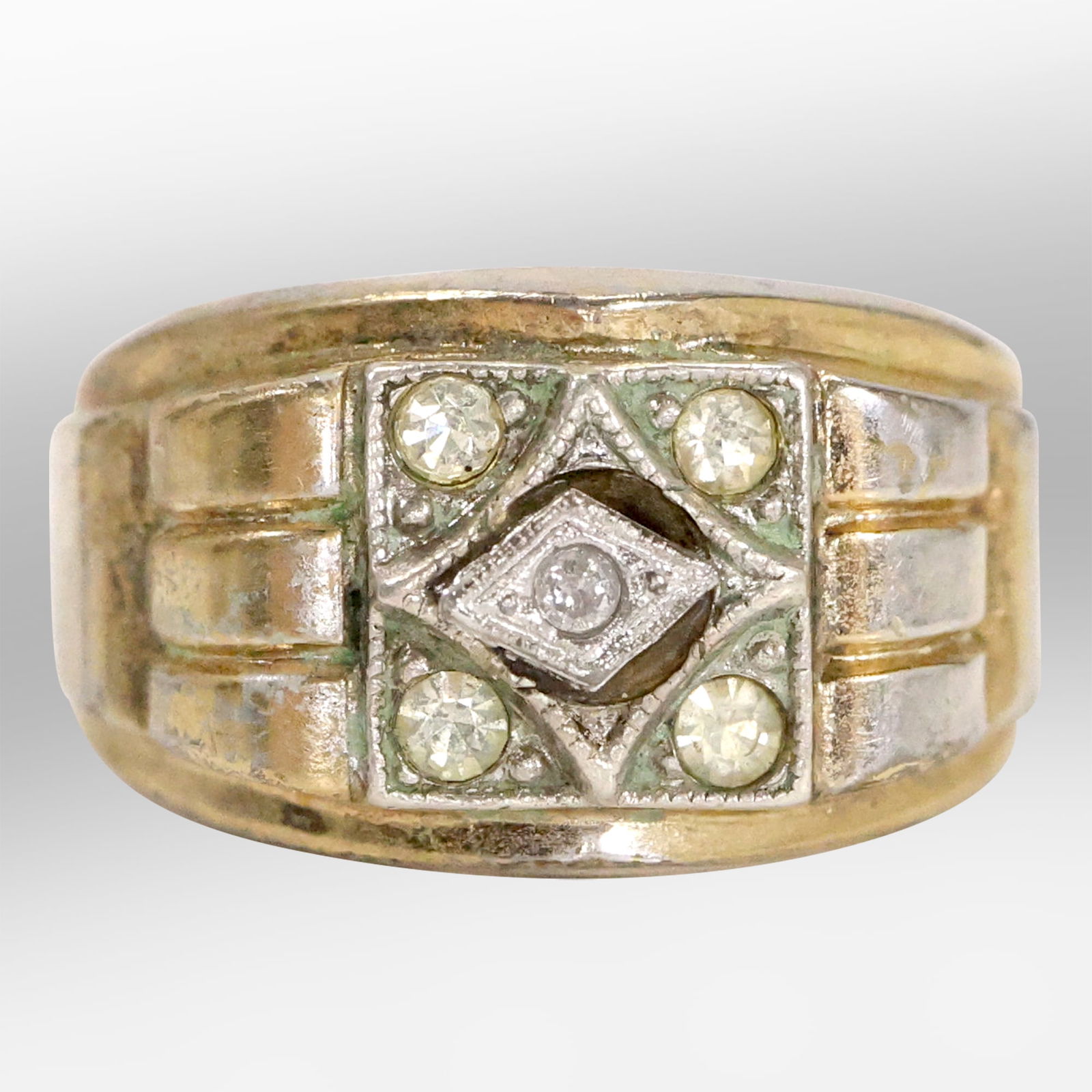 10K GP with Sterling Silver Top, 1 Diamond Center Stone, 4 CZ Ring Size 9,  1 in. x 1/2 in.