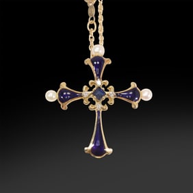 marked FM 14K Gold Cross Pendant Necklace on a 14K Gold 18 in. Rope Twist Chain 3.41 dwt