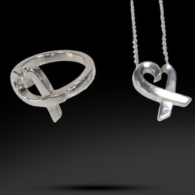 Tiffany & Co. Paloma Picasso Sterling Silver Loving Heart Necklace & Ring Set
