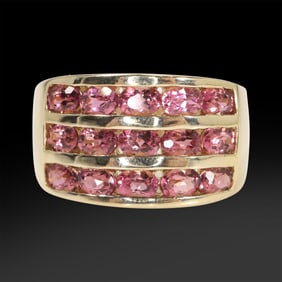14K Gold Tourmaline 3-Row Band with 15 Stones Ring Size 8,  3.7 dwt, 7/8 in. x 1/2 in.