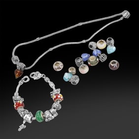 Grouping of 170 Plus Pandora Beads & Other. Pandora Necklace 16 in. and Pandora Bracelet 8 in.