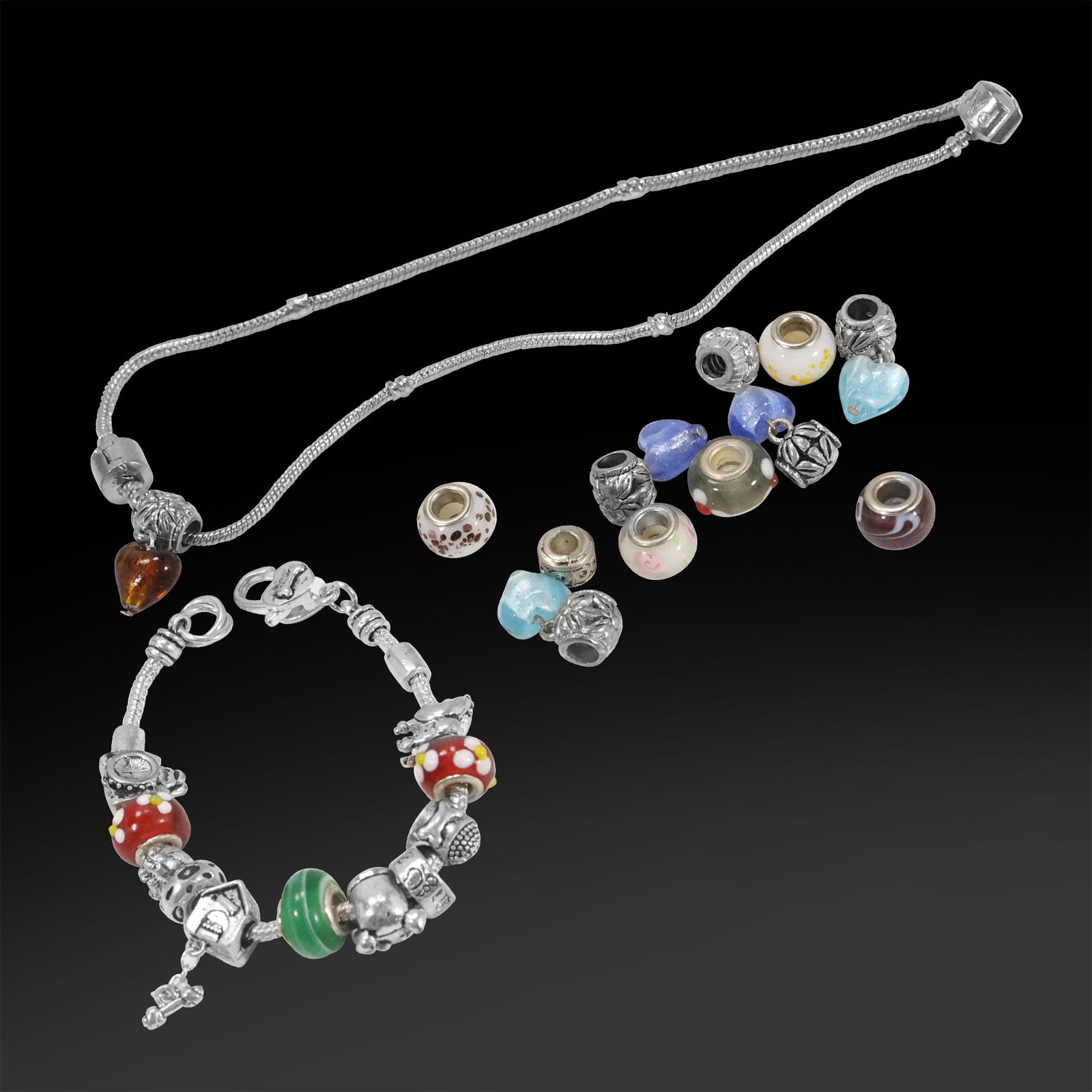 Grouping of 170 Plus Pandora Beads & Other. Pandora Necklace 16 in. and Pandora Bracelet 8 in. (1 of 20)