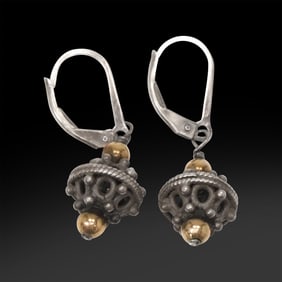 ,925 Sterling Hopps and Base, 14K Gold Tips [Balls] Earrings 1 1/4 in. x 3/8 in.