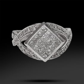 14K White Gold Diamond Cluster Ring Size 7 with 42 Diamonds