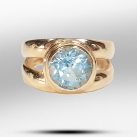 14K Yellow Gold Split Band Ring Size 6 with Round Blue Topaz Stone