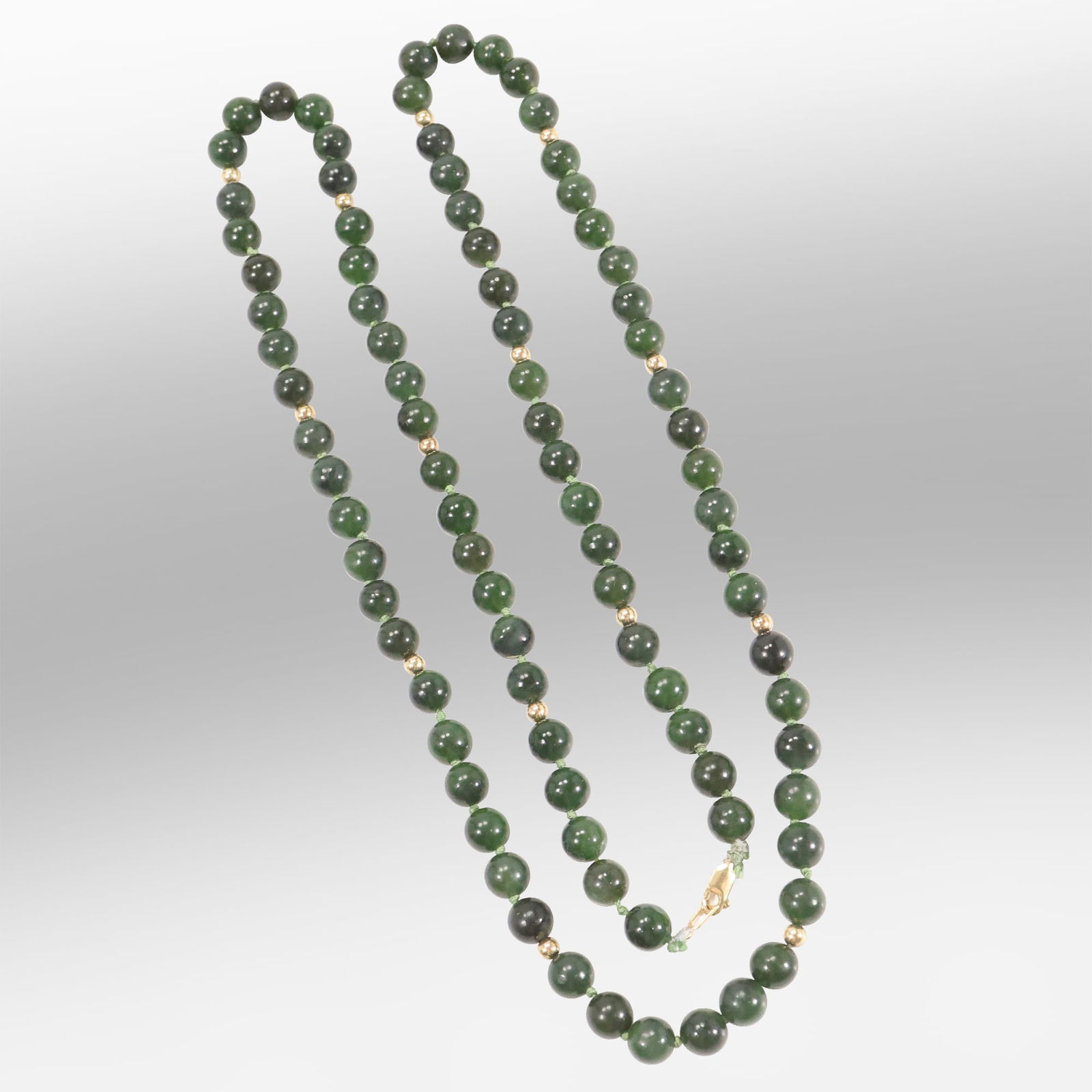 marked 585 [14K Gold] Beads and Clasp JADE NECKLACE 34 in. x 1/4 in.: marked 585 [14K Gold] Beads and Clasp JADE NECKLACE 34 in. x 1/4 in.