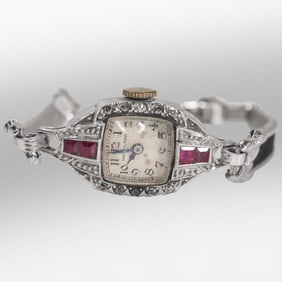 Platinum with Diamonds and Rubies Art Deco Ladies Wristwatch, Band is 10K GF, Working, 16 grams