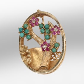 14K Gold, 7.1 dwt, Quality Heavy Pin with 15 Rubies, 3 Diamonds, 12 Turquoise, Love Birds Nesting