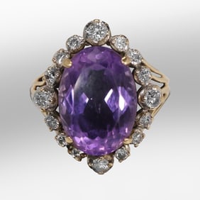 14K Gold Purple Amethyst approx. 6 ct. Surrounded by 16 Diamonds approx. 1 ct. Ring Size 8.75