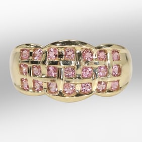 14K Gold with 21 Pink Tourmaline Stones Band Ring Size 8, 3.70 dwt. 7/8 in. x 1/2 in.