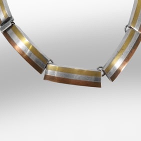 Quality Rare unusual 121 grams Sterling Silver 1960s-70s 3-tone Sterling Banded Necklace 15 in.