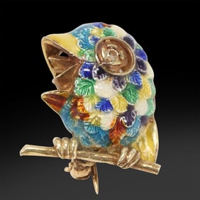 Quality Heavy 14K Gold Pin, 4.3 dwt, 1930s-40s Enameled Bird on a Branch with Diamond Eye