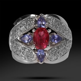 14K White Gold Ring Size 6.25 with Red Tourmouline, Tanzanites & Diamonds
