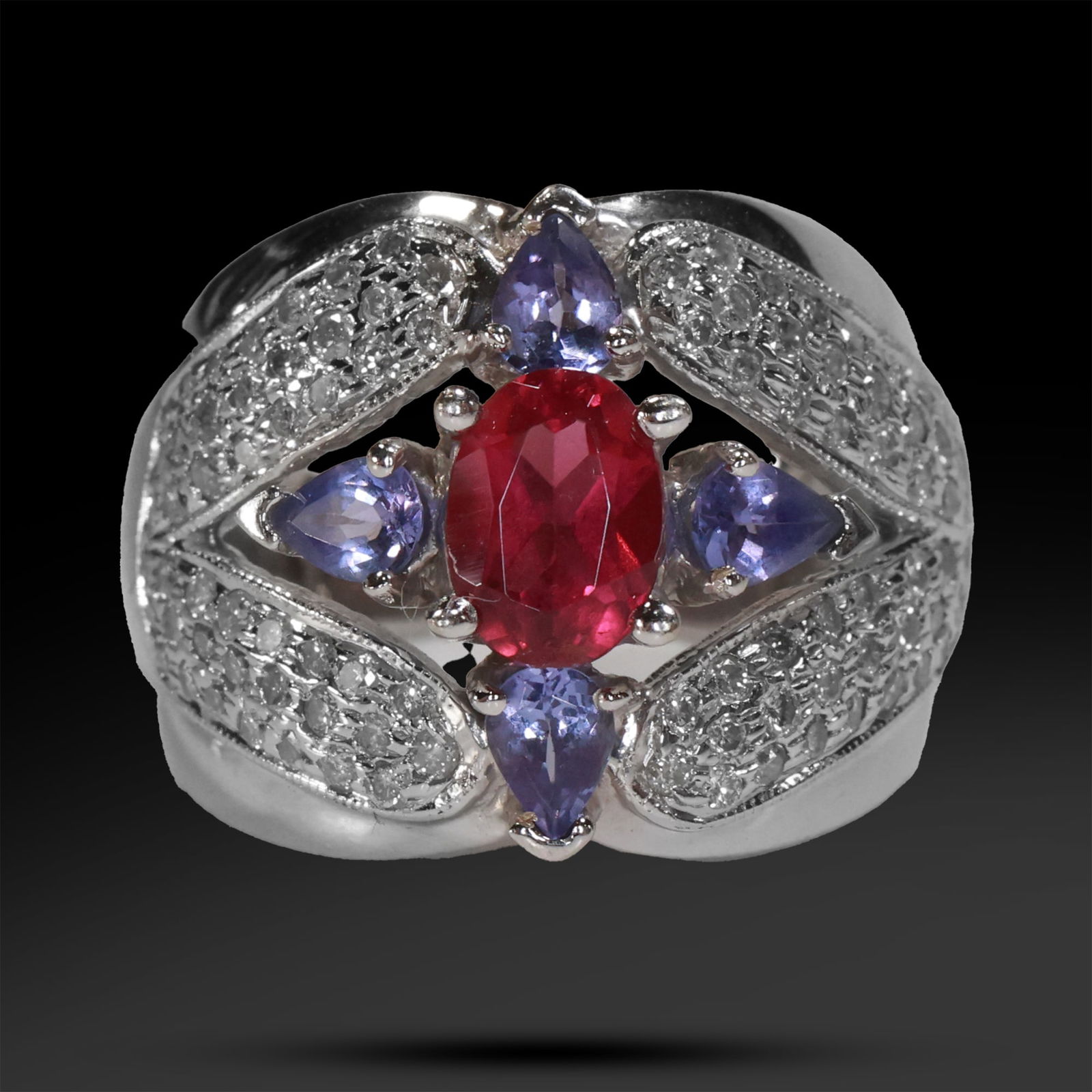 14K White Gold Ring Size 6.25 with Red Tourmouline, Tanzanites & Diamonds (1 of 15)