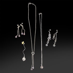 Tahitian Pearl Necklace with Silver Chain 18 in. with 3 In. Dangle Pendant; Pair Tahitian Pearl