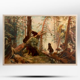 Playful Bear Cubs in the Forest, Vintage Oil on Board Painting, Unsigned, Framed, 33 in. x 48 in.