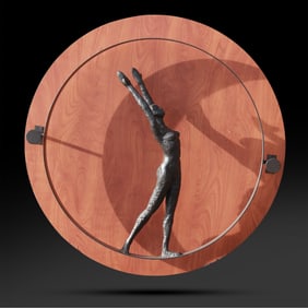 Ernest Trova,  Figure Bronze Sculpture on Wood Wall Hanging Plaque 35 inches diameter
