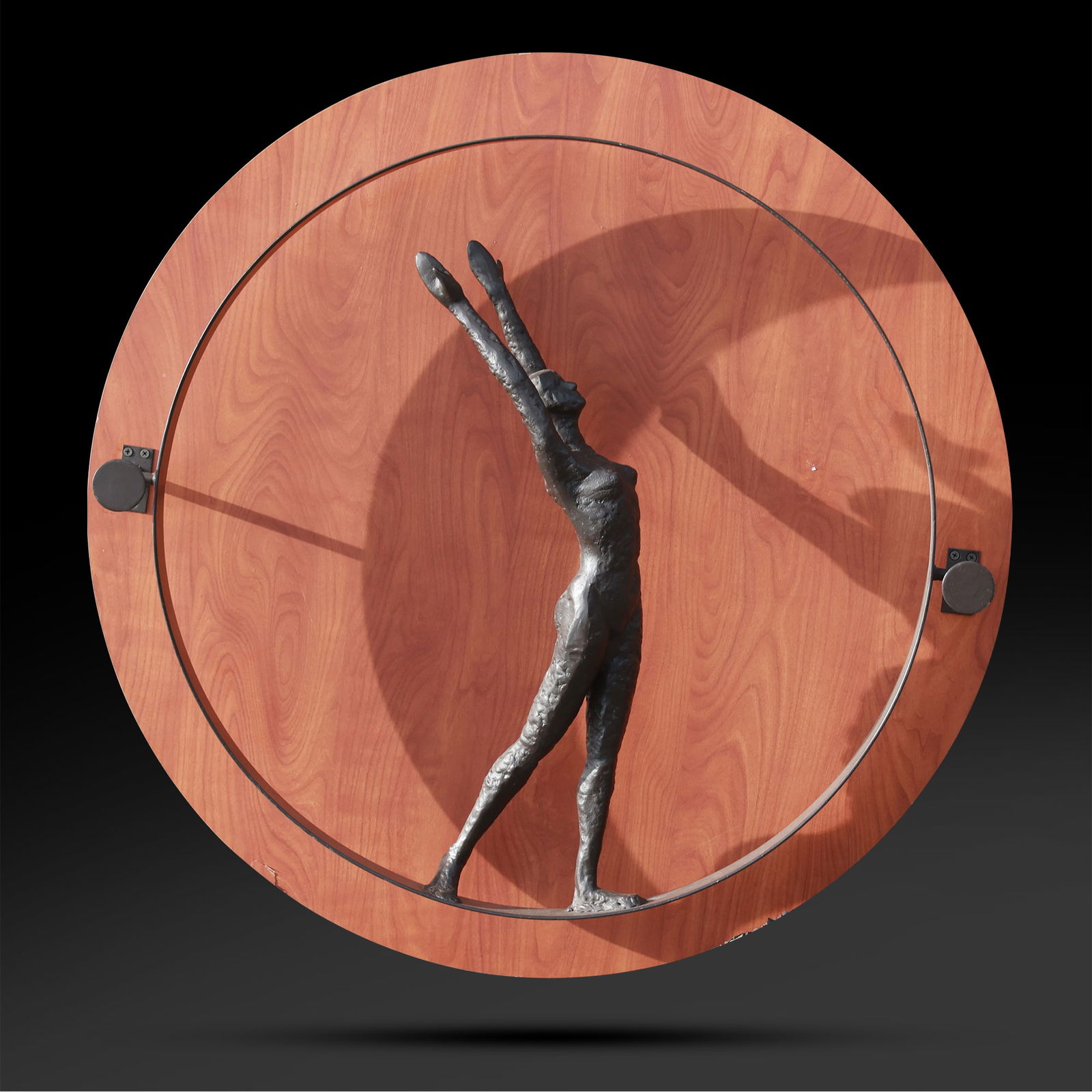 Ernest Trova, Figure Bronze Sculpture on Wood Wall Hanging Plaque 35 inches diameter: Ernest Trova, Figure Bronze Sculpture on Wood Wall Hanging Plaque 35 inches diameter. size: 35 x 35 ; Ernest Tino Trova (February 19, 1927 – March 8, 2009) was a self-trained American surrealist and