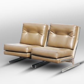 2 Arthur Gross Mid Century Modern Sculptural Lounge Chairs Heavy Chrome Frames, Original Label
