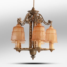 Fabulous Circa 1920s 5-Light ART DECO Glass Pendant Shade Chandelier, Riddle Lamp Company